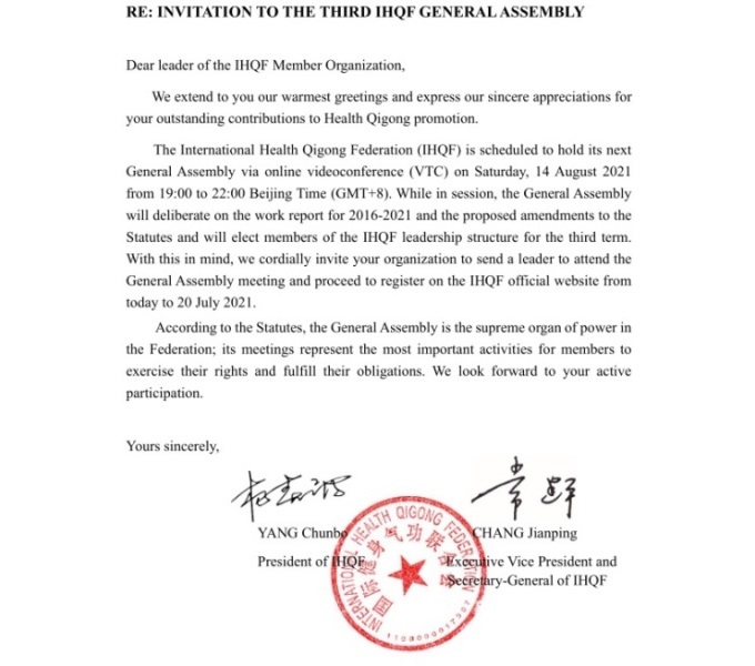 INVITATION TO THE THIRD IHQF GENERAL ASSEMBLY